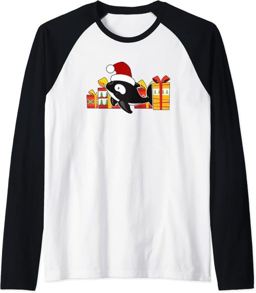 Baby Orca with Presents - Cute Orca Christmas Raglan Baseball Tee