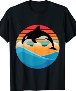 Orca killer Whale Jump in Vintage and Retro Sunset and Sea T-Shirt