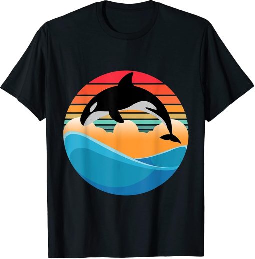 Orca killer Whale Jump in Vintage and Retro Sunset and Sea T-Shirt