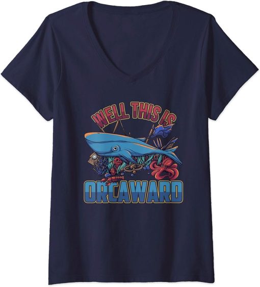 Womens Blue Whale Orca Dolphin Ocean Fish Sea Life V-Neck T-Shirt