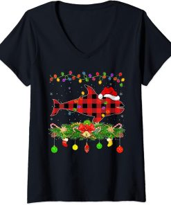 Womens Funny Matching Buffalo Plaid Orca Fish Christmas Pajama V-Neck T-Shirt