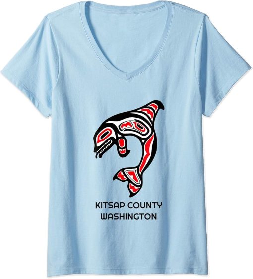 Womens Kitsap County WA Native American Indian Orca Killer Whale V-Neck T-Shirt